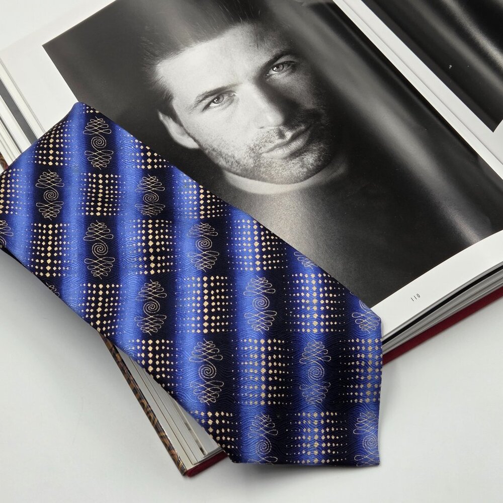 💙Rykiel Homme Silk Tie Blue with Gold Pattern 9 cm